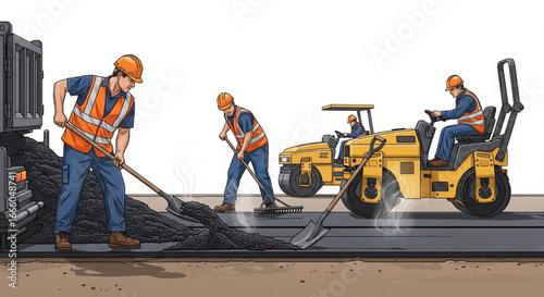 Road construction workers spreading asphalt with shovels and operating a steamroller on a road surface.