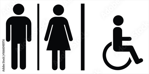 Restroom signs for men women and disabled individuals on white background toilet public facility