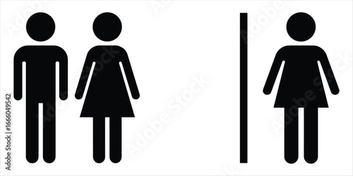 Simple black and white stick figure icons for male and female restroom signs toilet