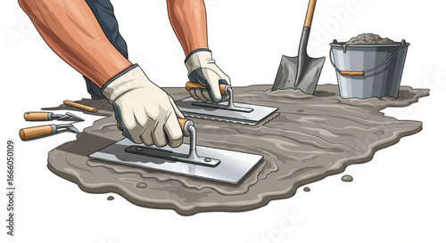 Construction workers using trowels to smooth concrete.