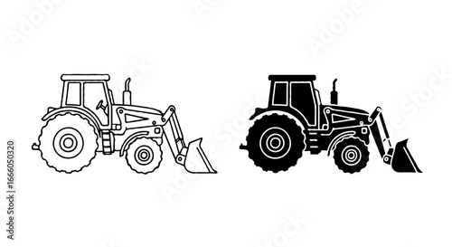 Single vector icon of a farming tractor | Includes a thin line art version next to a matching silhouette version. Minimal, clean, monochrome, isolated on white background, flat vector style
