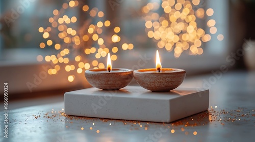 Two lit candles on a white block with golden bokeh lights flame fire