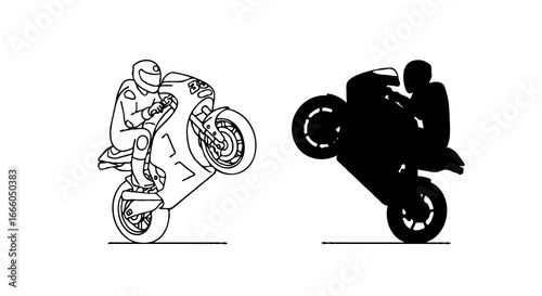 Single vector icon of a MotoGP rider doing a wheelie | Includes a thin line art version next to a matching silhouette version. Minimal, clean, monochrome, isolated on white background, flat vector
