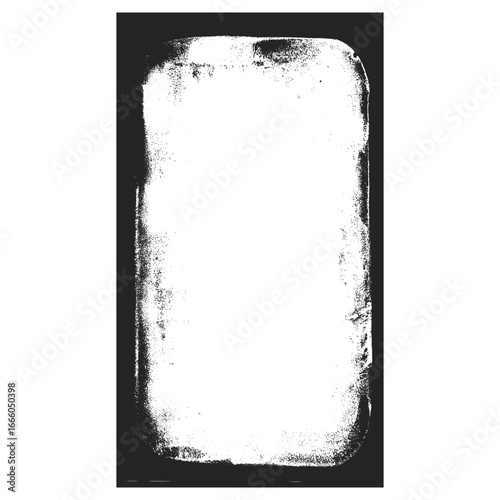 Grunge photo frame template. Ink paint border with rough edges for poster and banner. Retro textured overlay. Rectangular old flyer on transparent background. Vector illustration.