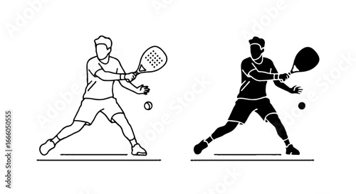 Single vector icon of a padel player making a forehand shot | Includes a thin line art version next to a matching silhouette version. Minimal, clean, monochrome, isolated on white background