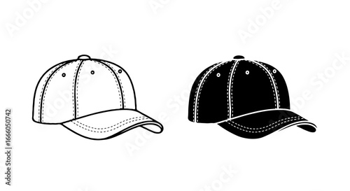 Single vector icon of a baseball cap | Includes a thin line art version next to a matching silhouette version. Minimal, clean, monochrome, isolated on white background, flat vector style