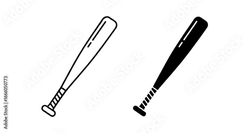 Single vector icon of a baseball bat | Includes a thin line art version next to a matching silhouette version. Minimal, clean, monochrome, isolated on white background, flat vector style