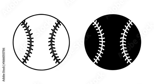 Single vector icon of a baseball ball with stitching detail | Includes a thin line art version next to a matching silhouette version. Minimal, clean, monochrome, isolated on white background