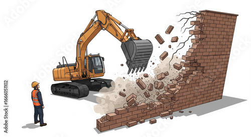 An excavator is breaking down a brick wall, while a construction worker observes the demolition.