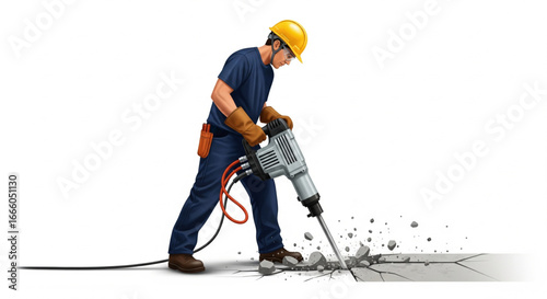 Construction worker using a jackhammer to break concrete.