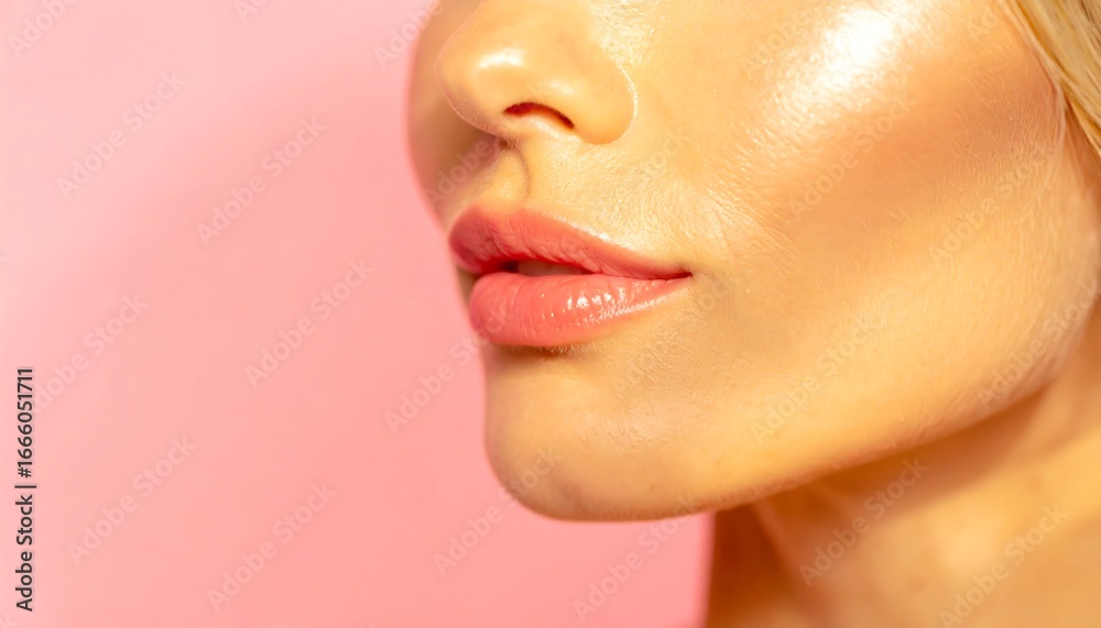 Obraz premium Glowing Skin and Glossy Lips on Pink: Beauty Close-Up