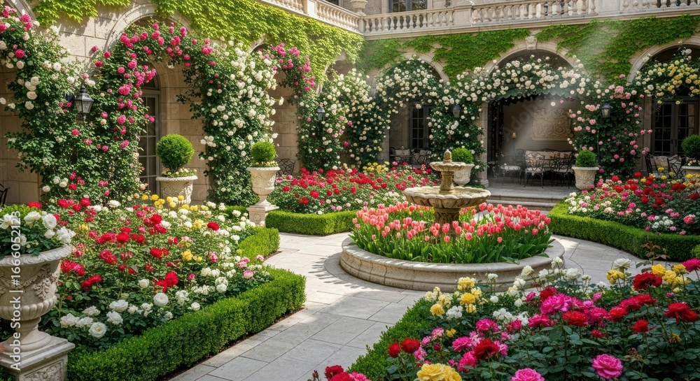 Obraz premium Lush Courtyard Garden with Blooming Flowers and Elegant Fountain.