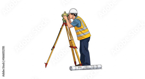 Surveyor using a theodolite on a construction site, standing on blueprints.