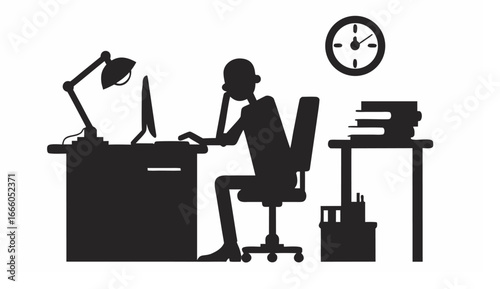 Silhouette of person at desk with computer lamp clock and books depicting work or study environment indoors