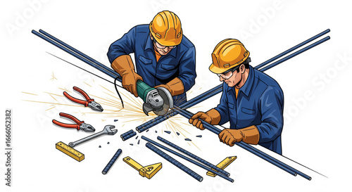 Two construction workers meticulously cut metal rods using a grinder and various hand tools.