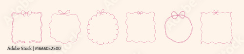 Set of whimsical wavy ribbon circle frames with bows. Cute line doodle drawings. Round hand drawn vintage border for wedding, birthday, Christmas, menu design and cards. Coquette flirting girly style
