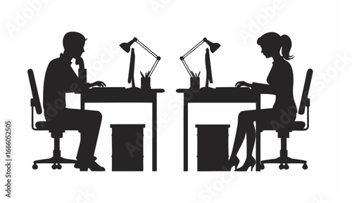 Silhouette of man and woman working at desks with computers and lamps in an office environment design