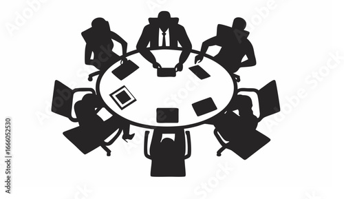 Silhouette illustration of a group of people sitting around a round table in a business meeting setting