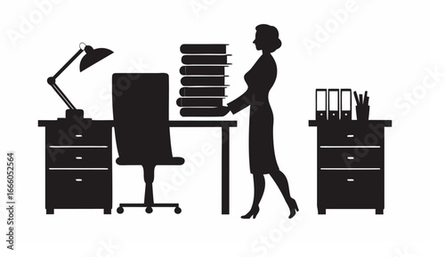 Silhouette of a woman carrying books in an office setting with desk chair and lamp and file cabinet seen