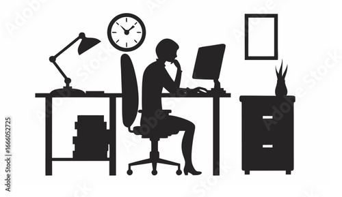 Silhouette of a woman working at a desk with a computer, lamp, clock, and filing cabinet in an office