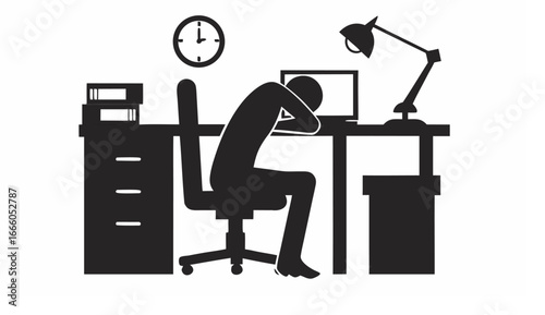 Silhouette of tired person at desk with computer lamp clock and filing cabinet in black and white style
