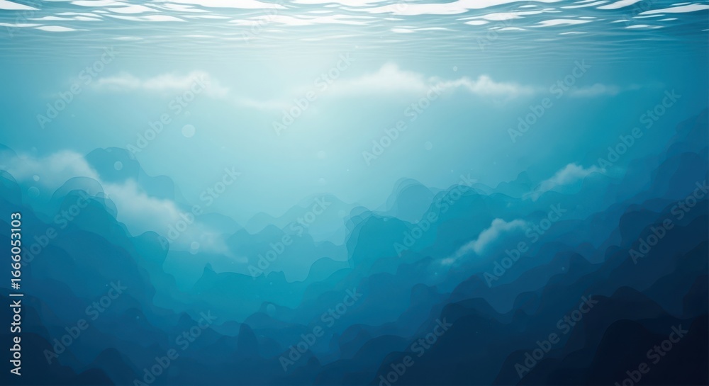 Fototapeta premium Underwater scene with sunlight filtering through the blue ocean water, creating a serene and tranquil atmosphere
