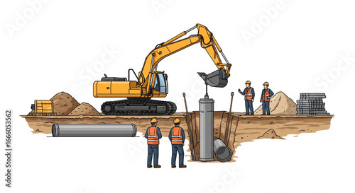 Construction site illustration showing an excavator digging, workers, and infrastructure elements.