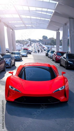 A vibrant red sports car stands out amidst a line of parked vehicles under a modern, light-gray canopy.