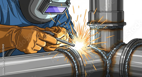 Welder meticulously fuses metal pipes, sparks flying, showcasing precision and expertise in industrial pipe welding.