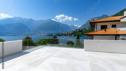 A terrace with marble tiles and a view of the Italian mountains and Lake Como in the background. A panoramic illustration of a beautiful landscape.