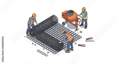 Three construction workers laying rebar mesh and operating a cement mixer on a construction site.