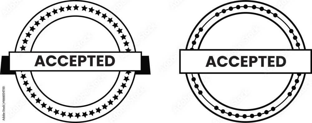 Obraz premium Accepted Badges in Black and White – Circular Vector Labels with Banner and Star Outline Design
