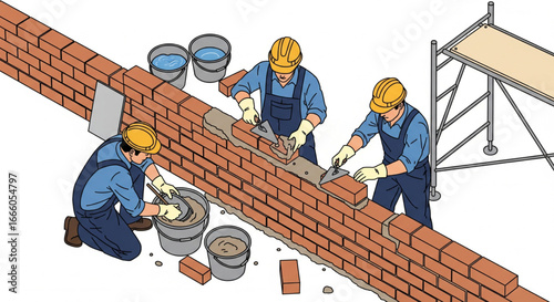 Three bricklayers meticulously construct a brick wall, using trowels, buckets of mortar, and scaffolding.