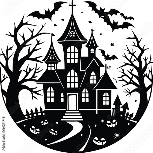 Halloween, vector illustration vector art of a spooky haunted house silhouette with bats flying around, perfect for halloween themed designs and decorations