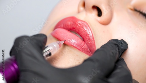 Close-up of lip blushing procedure; gloved hands hold a needle near a woman's lips