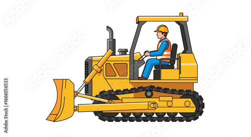 Yellow bulldozer with operator wearing safety vest and hard hat