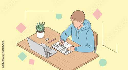 Young person diligently writing in notebook at desk with laptop and plant
