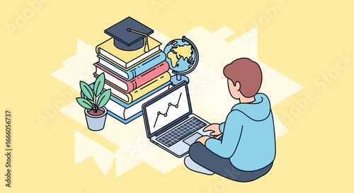 Young person studying with laptop, books, globe, and potted plant