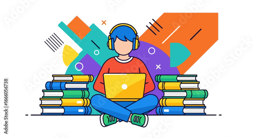 Young person with blue hair wearing headphones, using a laptop surrounded by stacks of colorful books.