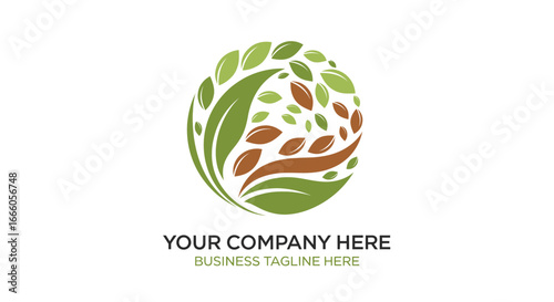 A circular nature logo with swirling green and brown leaves, forming a dynamic sphere of foliage.