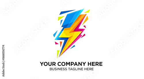 A dynamic, multicolored lightning bolt logo with a fragmented, geometric style and vibrant, sharp facets.