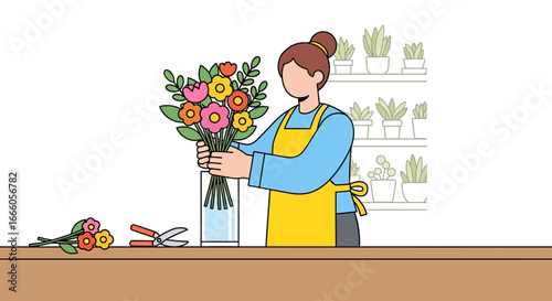 A female florist with brown hair in a bun, wearing a yellow apron, arranges a vibrant floral bouquet.