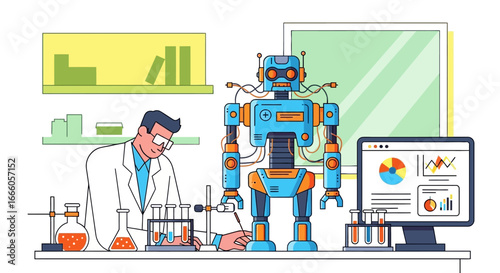 A scientist and a blue humanoid robot working together in a modern research laboratory.