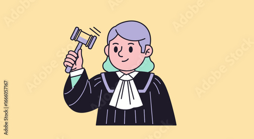 A smiling female judge with lilac and mint hair, wearing a black robe and holding a gavel.