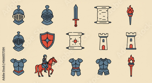 Medieval knight icons including armor, sword, shield, scroll, and torch
