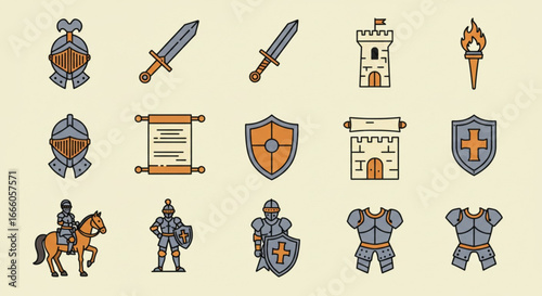 Collection of medieval knight and warrior icons, including armor, swords, and shields