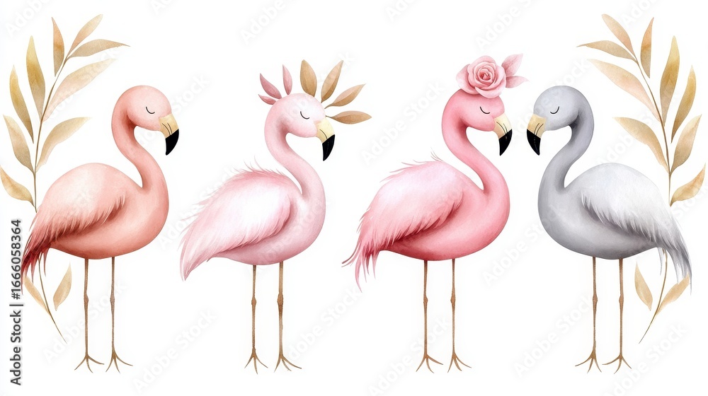 Fototapeta premium Hand drawn watercolor tropical flamingo birds wadding. Artistic avian illustration aquarelle exotic wading fowl hand painted flamingo tropic fauna plumage shorebird pink vibrant