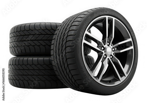 Stack of New Car Tires with Modern Rim Design for Performance Vehicles and Automotive Industry.