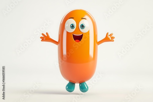 A smiling pill character with expressive eyes and realistic style.