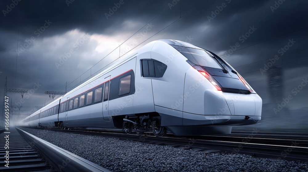 Fototapeta premium A sleek, high-speed train speeding down the tracks under a dramatic sky.